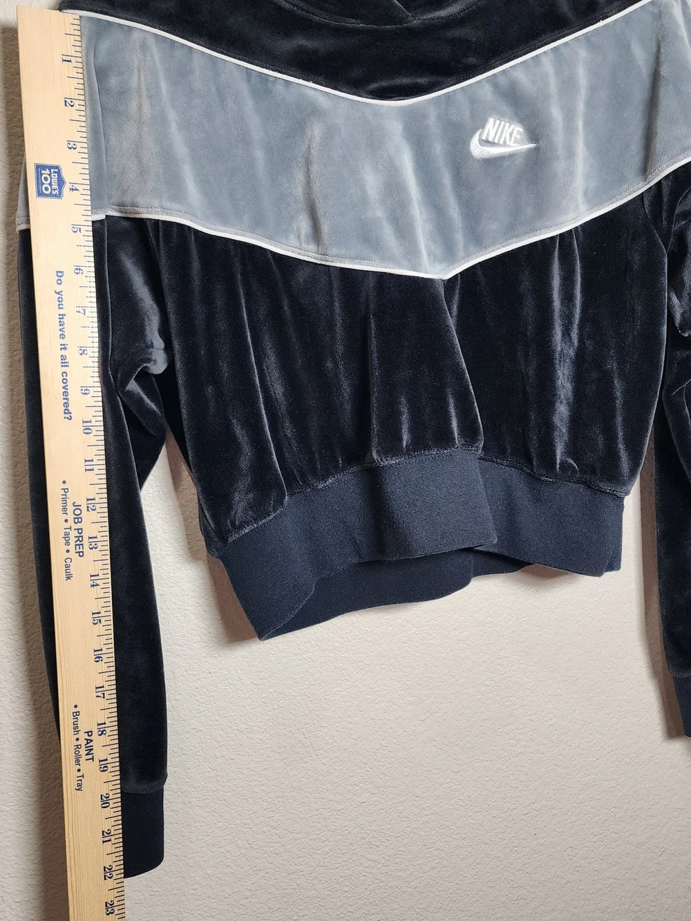 Nike Women's Black and Gray Velour Crop Hoodie Sweater
